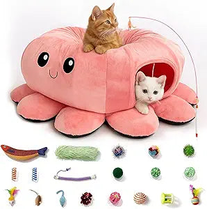 Cat Tunnel Bed with 20 Cat Toys, Collapsible Play Tunnel for Indoor Cats, Kitten Toys for Indoor Kittens, Octopus Shaped