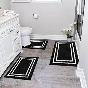 Uphome Bathroom Rugs Sets 3 Piece, Modern Black and White Bathroom Mat Set Non Slip Machine Washable, Soft Absorbent Bath Mat Set with U Shaped Toliet for Tub, Shower
