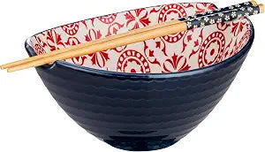 Signature Housewares Pad Print Blue/Red Ceramic Stoneware Oval Noodle/Pho/Ramen Bowl with Chopsticks