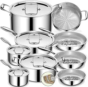 Umite Chef Stainless Steel Cookware Set, 5 Ply 14 Piece Stainless Steel Pot and Pan Set-Induction, Heavy Chef Quality, Oven Safe | Professional Kitchen Cooking Appliances, PFOA, PTFE & PFOS Free