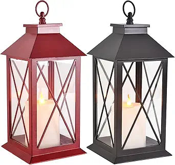 Wallsky Lanterns Decorative Outdoor & Indoor, Battery Powered Candles Lanterns Vintage with LED Flickering Flameless Candles for Porch, Balcony Fancy, Patio, 2 Pack