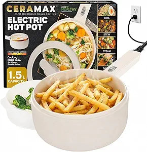 CERAMAX PRO Electric Hot Pot with Lid & Steamer, 1.5L Non Toxic Ceramic Cooker Skillet for Ramen, Eggs, Pasta for Dorms, Camping, RVs, Work, Adjustable Temp. - New Improved 2026 Model