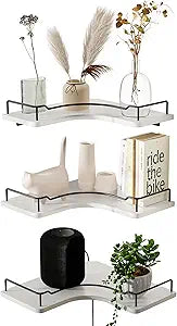 L-Shaped Corner Floating Shelves Set of 3,Rustic Wood Wall Mounted Storage Shelves,Display Shelf for Bathroom, Kitchen,Bedroom, Living Room, Office (White)