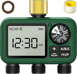 Water Timer for Outdoor Garden Hose, Sprinkler Timer for Garden Faucet with Auto/Manual/Rain Delay Mode, Sprinkler Irrigation Controller for Yard Lawn (3 Zones Brass Inlet)