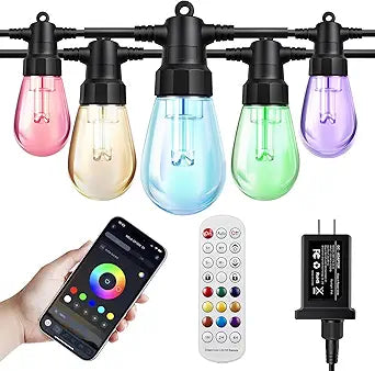 Outdoor String Lights 121ft, Patio Lights with 20 Dimmable LED Bulbs, RGBW & Warm White, IP67 Waterproof, Shatterproof, APP & Remote Control, Color Change, Customizable Colors for Backyard Decor