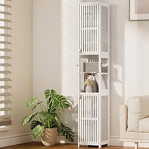 Amazer White Bathroom Storage Cabinet 70'', Bamboo Slim Storage Cabinet with Rattan Door and Adjustable Shelves, Narrow Freestanding Organizer for Living Room Kitchen
