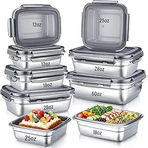 9 Pcs Stainless Steel Food Containers with Lids, Square Airtight Bento Lunch Boxes Metal Snack Containers Sandwiches Storage Container for Home Office Pinic Travel (12 18 25 28 60oz)