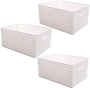 BINO | Plastic Basket, Large - White | 3 Pack | THE STABLE COLLECTION | Multi-Use Storage Basket | Rectangular Cabinet Organizer | Baskets for Organizing with Handles | Home & Office Storage Organizer