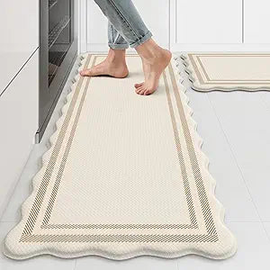 KIMODE Anti Fatigue Kitchen Mats, Padded Kitchen Floor Mats,Boho Kitchen Rugs Sets of 2, Beige Scalloped Rugs for Kitchen Floor, Cushioned Standing Mat for Laundry Office Sink Desk 17"x47"+17"x29"
