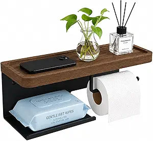 Toilet Paper Holder with Walnut Wide Shelf, Adhesive or Screw Wall Mount, SUS304 Stainless Steel Tissue Dispenser for Bathroom Washroom,Matte Black