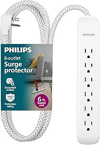 Philips 6 Ft Surge Protector Power Strip, Braided Extension Cord, Flat Plug