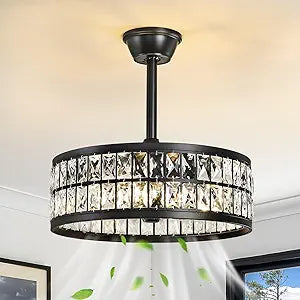 Crystal Caged Ceiling Fan Light: 18.9" Semi Flush Mount Fandelier Ceiling Fan Lights with Remote/Reversible 6 Speeds/Timer/DC Motor Low Profile Chandelier Ventilador de Techo for Bedroom Living Room