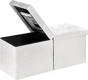Folding Ottoman Bench with Storage - 34Inches Teddy Velvet Foot Stool Ottoman Bench, Padded Seat, Storage Chest,Blanket Store, for Entryway Livingroom and Bedroom,White (34" D x 13" W x 13" H)
