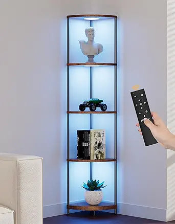 Corner Shelf with RGBCW LED Light, 64.5 Tall Floor Lamp Narrow Bookshelf Organizer, Standing Shelves with Metal Pole, Display Storage Rack for Wall Corner, Living Room, Bedroom, Office Dcor, Brown