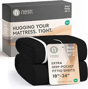 Nestl 2 Pack Black Fitted Sheet Extra Deep Pocket, Hotel Luxury KingFitted Sheet Only Easily Fits 18 to 24 Inch Mattress, Super Soft, Wrinkle-Free and Breathable with Corner Straps
