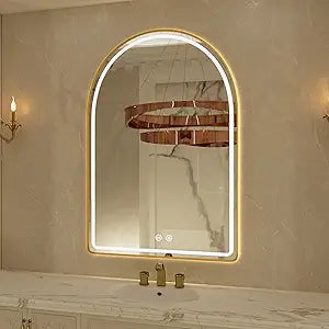 24"x36" Arched LED Bathroom Mirror, Gold Framed LED Bathroom Mirrors with Front Light and Backlit, Anti-Fog, Dimmable, 3 Colors, Memory Function, Arch Smart Vanity Mirror