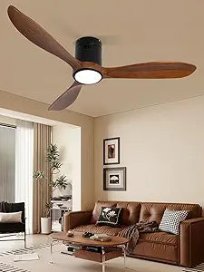 VACILL Wood Flush Mount Ceiling Fan with Light and Remote, 52 inch Low Profile Wooden Fan with 3 Blades, 6 Speed, LED Dimmable, Reversible DC Motor (Dark Brown, Wood)