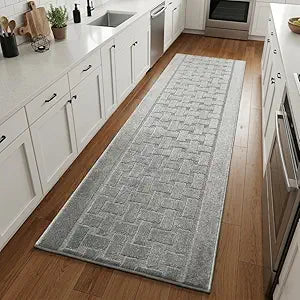 Runner Rug 15 ft, Non-Slip Washable Rug, Grey Textured Carpet for Kitchen Hallway Entryway, Rubber Backing, Indoor, Rolled in Box (26" x 15'), Custom Length Floor Runner