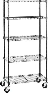Amazon Basics 5-Shelf Heavy Duty Garage Shelving Storage Rack with 4" Wheel Casters, Adjustable Metal Wire Organizer, 300 lbs Per Shelf, 30" x 14" x 64.75", Black