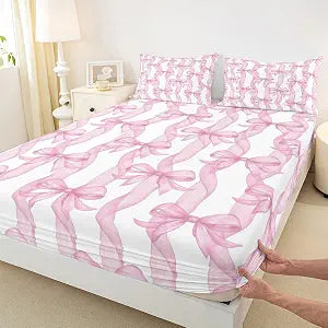 Girls Pink Bow Fitted Sheets Queen Size,Sweet Bow Ribbon Print Bedding Set 3Pcs,Princess Style Girly Bed Cover for Kids Teens Woman Youth Room Decor,Bowkont Lines Deep Pocket Sheet,2 Pillowcases