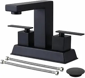 Comllen Matte Black Centerset Bathroom Faucet, 4 Inch 2 Handle Bathroom Sink Faucets with Water Hoses and Pop up Drain, 3 Hole Bathroom Faucets for Vanity Lavatory Basin RV Sink