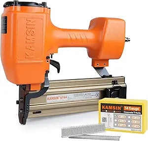 ST64 14 Gauge Pneumatic Concrete T Nailer with 400 PCS 3/4" T Nails, Accepts 3/4" to 2-1/2" Concrete Nail Gun for Heavy Duty Concrete Nailing, Decking, Plywood