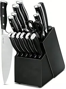 Knife Set, 15 Piece Premium Kitchen Knife Block Set, Razor-Sharp, High Carbon Stainless Steel Chef Knife, Ergonomic Forged Triple Rivet Handle, Black Sharp Knife Set for Kitchen, Dishwasher Safe