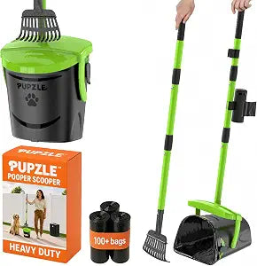 Pupzle Dog Pooper Scooper with Bag Attachment, 40" Long Handle Pooper Scooper for Large Dogs, Dog Poop Scoop for Yard, Large Capacity Swivel Bin and Rake, Lavender Scented Bags (Green)