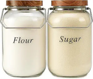 2 Pack Glass Flour Sugar Storage Containers with Handle, 1 Gallon Glass Jars with Airtight Lid, Wide Mouth Large Mason Jars 128oz for Rice, Pasta, Oats, Coffee Storage