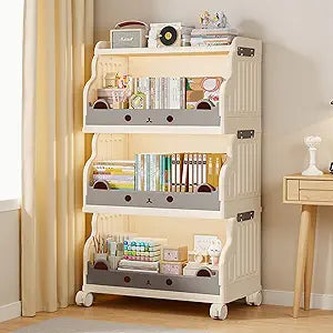 3-Tier Rolling Book Cart with Wheels, Durable Folding Bookshelf and Portable Storage Shelf, Collapsible Bookcase for Home Office Use as Rolling Bookshelf OrganizerMilky White