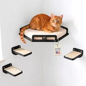 Sturdy Cat Wall Shelves for Cats up to 25 lb Solid Wood Corner Bed with Cushion, 2 Washable Covers & 3 Steps, Safe Haven for Indoor Cats, Cat Shelves for Wall, Black