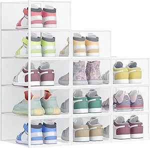 SONGMICS Shoe Boxes, Shoe Storage Organizers Rack for Closet, Plastic Stackable Sneaker Containers Case, 12 Pack, Transparent and Cloud White ULSP312W01