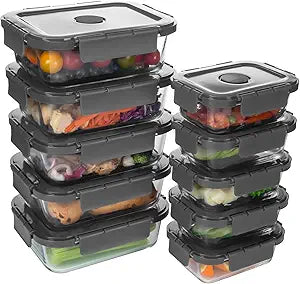 10 Pack Glass Food Storage Containers with Lids, Airtight Meal Prep Containers, Glass Lunch Containers Built in Air Vents, Dishwasher Safe, Grey