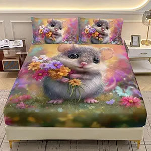 AILONEN Kawaii Hamster Fitted Sheet Set Full Size, 3-Piece Colorful Flower Kids Bedding Set,Cartoon Mouse Tie Dye Deep Pocket Sheets with 2 Pillowcases