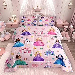 jejeloiu Kids Magical Princess Bedding Set Twin Size Pink Castle Duvet Quilt for Boys Girls Teens Bedroom Decor Fairy Comforter Set Dreamy Breathable Soft Lightweight Microfiber 2Pcs