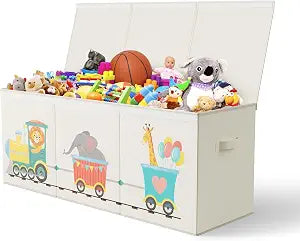 Extra Large Collapsible Sturdy Toy Storage Organizer with Lids, Animal Train Toy Box for Boys Girls, 40"x16"x16", Modern, Beige