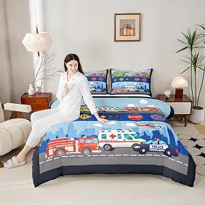 Rescue Vehicles Kids Comforter Set Queen Size,Fire Fighting Truck Police Car Ambulance Bedding Set,Boys Girls Adults Room Decor,Aircraft Cartoon Down Comforter,Colorful Duvet Insert,2 Pillowcases