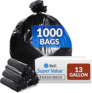 Reli. 13 Gallon Trash Bags | 1000 Bags | Black | Tall Kitchen | Strong | Garbage