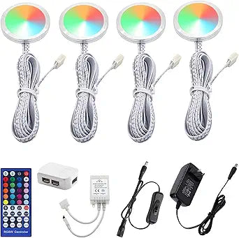 AIBOO RGBW RGB + White Color Changing Christmas Xmas Under Cabinet LED Lights Kit IR Remote Puck Lights for Kitchen Counter Shelf Furniture Ambiance Lighting (RGBW, 4 Lights, 12W)