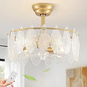 20-Inch Gold Crystal Fandelier Ceiling Fan with Light and Remote, Mid-Century Modern Caged Chandelier Fan, 6-Speed Reversible Motor for Bedroom, Nursery, Living Room