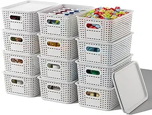 ORGIDOL Plastic Storage Basket with Lids 12 Pack Stackable Storage Bins Containers with Lid, Decorative Storage Boxes for Organizing Shelves, Drawers, Playroom, Classroom, Office, Closet, White