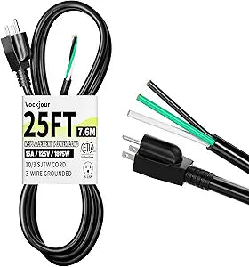 Vockjour 25 ft 10/3 Appliance and Power Tool Cord, 10 AWG 3 Prong Black Heavy Duty Replacement Power Cord with Open End, NEMA 5-15P, 125V AC Pigtail, 15A 1875W