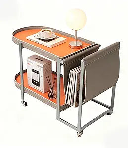 Modern Multi-Functional Side Table with 2 Tiers Storage Magazine Holder and Wheels for Living Room, Bedroom End Table with Books ShelvesElegant Design Easy to Move Perfect for Drinks, Decorations