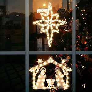 2 Pack Christmas Window Lighted Decorations,Christmas Window Silhouette Lights,Double Side Sign Lamp for Holiday Indoor Wall Door Glass Decorations,Polaris,Nativity