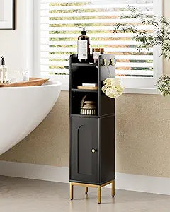 Bathroom Storage Cabinet, Small Corner Floor Hutch with 2Hooks,Narrow Toilet Paper Cabinet with Adjustable Shelf,Morden Bathroom Organizer for Small Spaces,Black