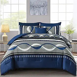 Anibedding Navy Blue Comforter Set Queen Size,8 Pieces Boho Bed in a Bag Patchwork Striped Comforter Set, Soft Microfiber Bedding Set for All Season(90"90")