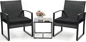 Murago 3 Piece Wicker Patio Bistro Set, Rattan Conversation Set with Coffee Table, for Balcony, Porch, Garden, Yard, Poolside, Black Frame with Black Cushion