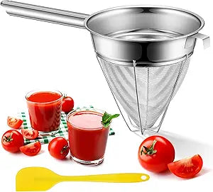 SiliFine Stainless Steel Reinforced Bouillon Sieve Strainer Cone Fine Mesh Strainer with Handle and Rubber Pestle for Kitchen Food Cooking(8 Inch)