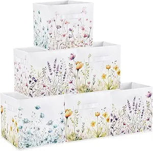 Geelin 6 Pcs WildFlower Cube Storage Bins 11 Inch White Storage Basket with Handle, Preppy Girls Organizer Basket, Collapsible Fabric Box for Classroom Bedrooms