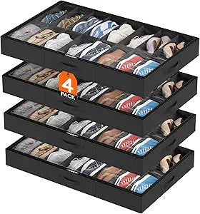 Lifewit Under Bed Shoe Storage Organizer 4 Pack(16 Shoes Cells), 4.3 Inches Profile Fabric Shoes Container Box with Clear Cover, Foldable Storage Bag with 2 Handles, Fits 32 to 64 Pairs